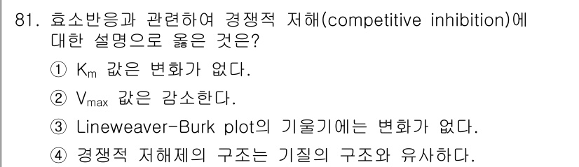 식품안전기사 2022년 81번 - 경쟁적 저해의 경우, Km 값은 변화하지 않지만 Vmax 값은 감소하게 ... 에 관한 핵심 기출문제