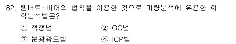 가스기사 2022년 82번 - 정답은 3번, 분광광도법입니다. 램버트-비어의 법칙은 빛의 흡수와 농도의... 에 관한 핵심 기출문제