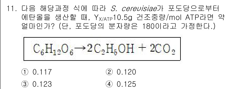 바이오화학제품제조기사 2022년 11번 - 주어진 반응에서 포도당이 에탄올로 전환되는 과정에서의 ATP 소모량을 고... 에 관한 핵심 기출문제