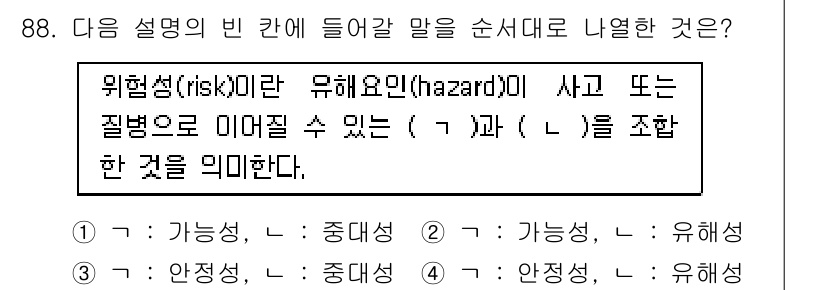 바이오화학제품제조기사 2022년 88번 - 위험성(risk)은 유해요인(hazard)이 사고 또는 질병으로 이어질 ... 에 관한 핵심 기출문제
