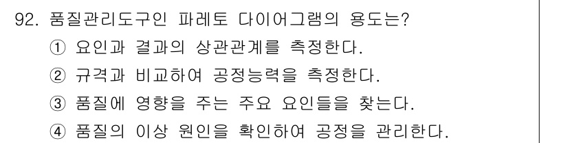 바이오화학제품제조기사 2022년 92번 - 품질관리도구인 파레토 다이어그램은 주로 품질 문제에 영향을 주는 주요 요... 에 관한 핵심 기출문제