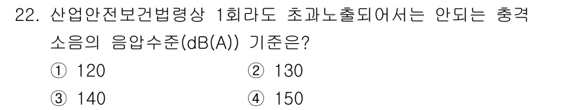 산업위생관리기사 2022년 23번 - 충격 소음의 기준은 산업안전보건법에서 정해진 안전 기준에 따라 달라지며,... 에 관한 핵심 기출문제