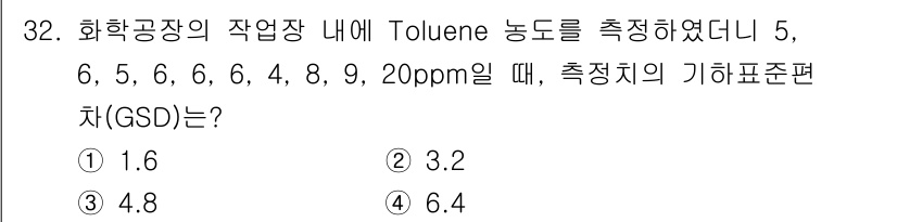 산업위생관리기사 2022년 33번 - Toluene 농도의 기하평균을 구하기 위해 주어진 농도 값을 곱한 후,... 에 관한 핵심 기출문제