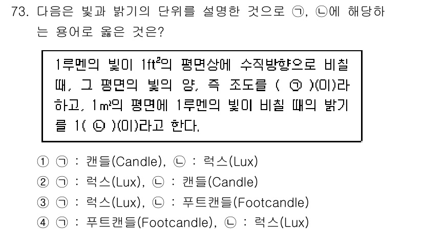 산업위생관리기사 2022년 75번 - 1룩스(lux)는 1㎡ 면적에 1룩스의 밝기를 가진 빛이 작용할 때의 조... 에 관한 핵심 기출문제