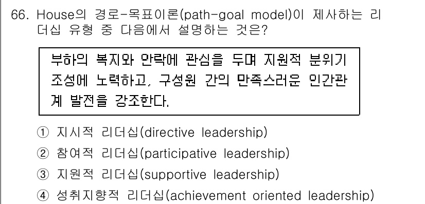 텔레마케팅관리사 2022년 66번 - House의 경로-목표 이론에서 리더십 유형은 상황에 따라 다르게 적용되... 에 관한 핵심 기출문제