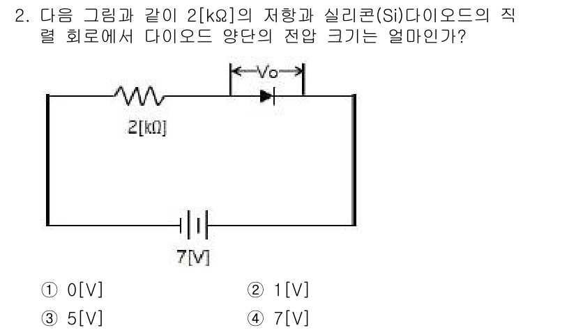 정보통신기사(구) 2018년 2번 - 다이오드가 순방향으로 연결되어 있으므로, 회로에서 전압 강하가 발생합니다... 에 관한 핵심 기출문제