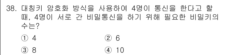 정보통신기사(구) 2018년 38번 - 4명이 서로 간 비밀 통신을 하기 위해 필요한 비밀키의 수는 조합으로 계... 에 관한 핵심 기출문제