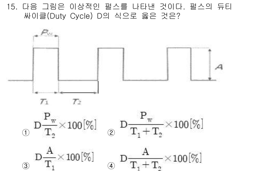 정보통신기사(구) 2019년 15번 - 주어진 문제에서 듀티 사이클(Duty Cycle)은 신호의 온 시간(Pw... 에 관한 핵심 기출문제