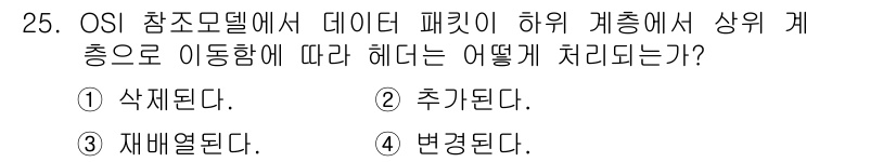 정보통신기사(구) 2019년 25번 - . 데이터 패킷이 하위 계층으로 이동할 때는 해당 패킷의 헤더 정보가 삭... 에 관한 핵심 기출문제