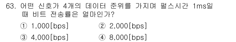 정보통신기사(구) 2019년 63번 - 비트 전송률은 데이터의 전송 속도를 나타내며, 주어진 데이터의 수와 필수... 에 관한 핵심 기출문제