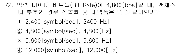 정보통신기사(구) 2019년 72번 - 주어진 데이터 비트율이 4,800 bps일 때, 몬테스라의 정리(맨체스터... 에 관한 핵심 기출문제