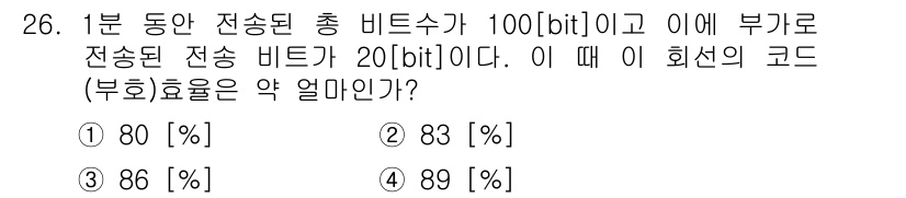 정보통신기사 2019년 26번 - 비트 수가 100[bit]이고, 전송 비트가 20[bit]일 경우, 코드... 에 관한 핵심 기출문제
