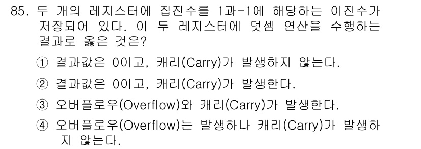 정보통신기사 2019년 84번 - . 

이유: 두 개의 레지스터에서 1+1을 수행할 경우 결과는 0이고 ... 에 관한 핵심 기출문제