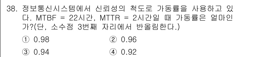 정보통신기사(구) 2020년 38번 - 가동률(R)은 다음 공식을 통해 계산할 수 있습니다: 

\[ R = \... 에 관한 핵심 기출문제