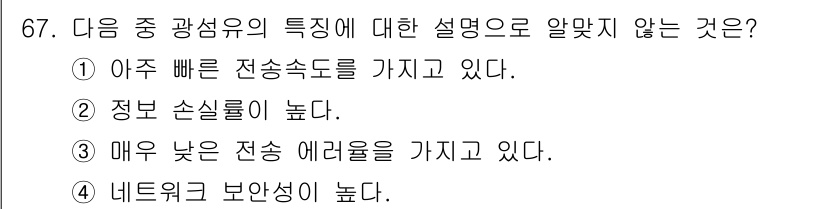 정보통신기사 2020년 67번 - . 

광섬유는 일반적으로 정보 손실률이 낮고, 전송속도가 매우 빠르며,... 에 관한 핵심 기출문제