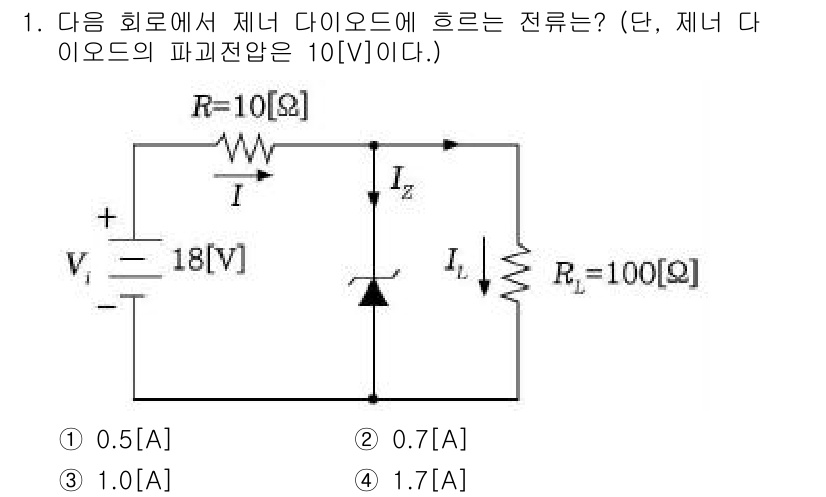 정보통신기사 2021년 1번 - 주어진 회로에서 제너 다이오드가 포함되어 있고, 제너 다이오드의 파괴전압... 에 관한 핵심 기출문제