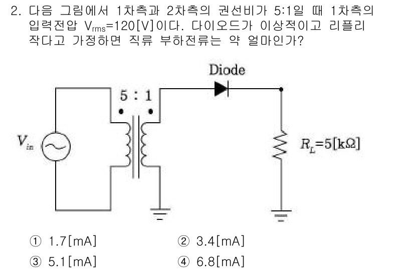 정보통신기사 2021년 2번 - 문제에서 주어진 정격전압과 다이오드 특성을 고려할 때, 다이오드가 정방향... 에 관한 핵심 기출문제