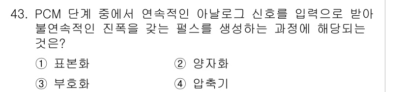 정보통신기사 2021년 43번 - 정답은 1. 표준화입니다. PCM(펄스 부호 변조) 과정에서 신호를 변환... 에 관한 핵심 기출문제