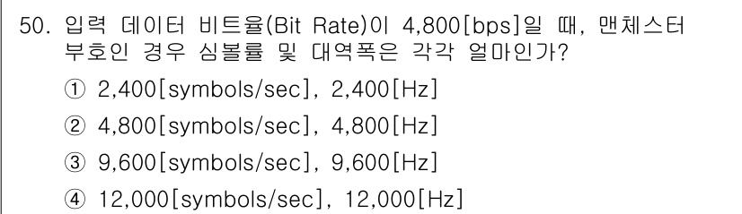 정보통신기사 2021년 50번 - 입력 데이터 비트율이 4,800 bps이고, 맨체스터 부호화 방식을 사용... 에 관한 핵심 기출문제