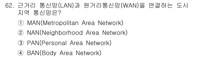 정보통신기사 2021년 62번 - . MAN(Metropolitan Area Network)

MAN은 도... 에 관한 핵심 기출문제