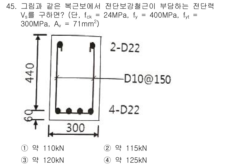 건축기사 2022년 45번 - 주어진 문제에서 복근보의 전단력 \( V_s \)를 구하기 위해서는 강도... 에 관한 핵심 기출문제