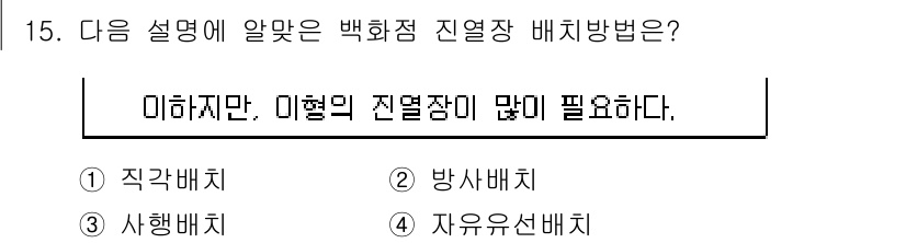 실내건축기사(구) 2022년 15번 - . 자유유선배치

해설: 자유유선배치는 공간의 제약 없이 원하는 위치에 ... 에 관한 핵심 기출문제