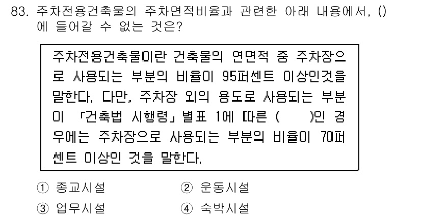 실내건축기사(구) 2022년 83번 - 주차전용건축물의 주차면적 비율은 법령에 따라 결정됩니다. 상업지역의 경우... 에 관한 핵심 기출문제