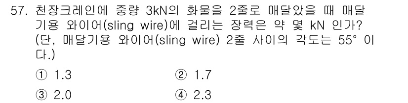 산업안전기사 2022년 58번 - 주어진 문제에서 매달기 위해 필요한 장력은 삼각함수를 이용해 구할 수 있... 에 관한 핵심 기출문제