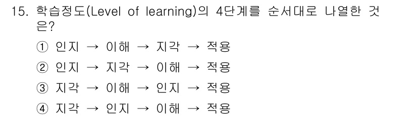 산업안전기사_필기 2022년 15번 - . 학습정도의 4단계는 '인지', '이해', '지각', '적용'의 순서로... 에 관한 핵심 기출문제