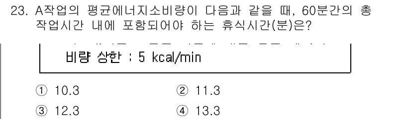 산업안전기사_필기 2022년 23번 - 주어진 평균 에너지 소모량을 바탕으로 작업 시간 내의 총 소모 에너지를 ... 에 관한 핵심 기출문제