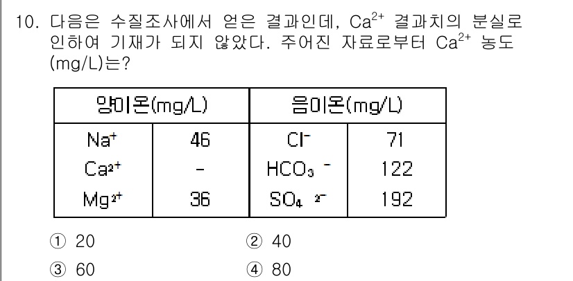 수질환경기사 2022년 10번 - Ca²⁺의 농도를 구하기 위해서는 음이온의 농도를 이용해서 전하 균형을 ... 에 관한 핵심 기출문제