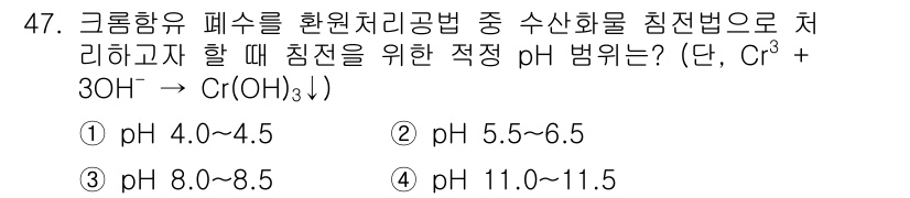 수질환경기사 2022년 48번 - . 

크롬의 수산화물인 Cr(OH)₃는 pH 5.5에서 6.5 사이에서... 에 관한 핵심 기출문제