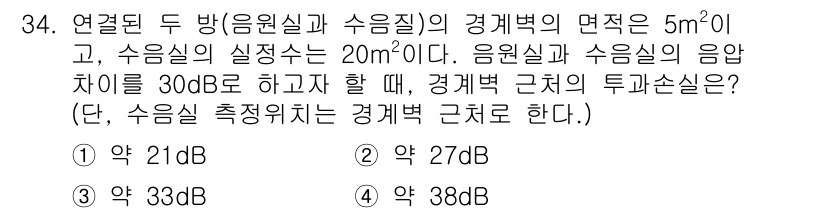 소음진동기사(구) 2016년 34번 - 주어진 문제에서 소음실과 수음실의 면적과 음압레벨 차이를 통해 경계면의 ... 에 관한 핵심 기출문제