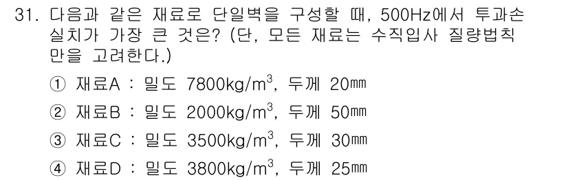 소음진동기사 2016년 31번 - 주어진 문제는 투과손실실치가 가장 큰 재료를 찾는 것입니다. 일반적으로 ... 에 관한 핵심 기출문제
