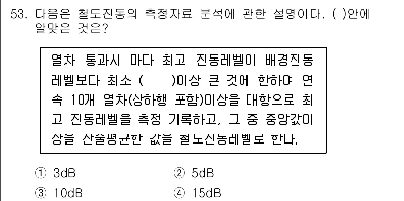 소음진동기사 2016년 53번 - 정답은 2.입니다. 이는 소음 진동 측정에서 각 주파수 대역의 레벨을 로... 에 관한 핵심 기출문제