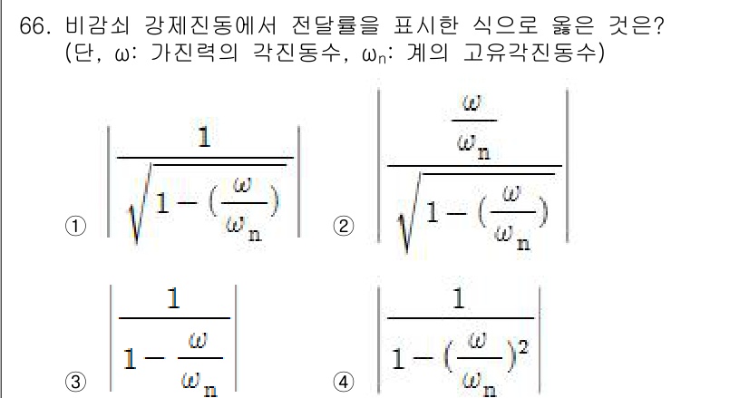 소음진동기사 2016년 66번 - 정답인 ④는 비감쇠 강제 진동에서의 전달 함수를 나타낸 것으로, 강제 진... 에 관한 핵심 기출문제