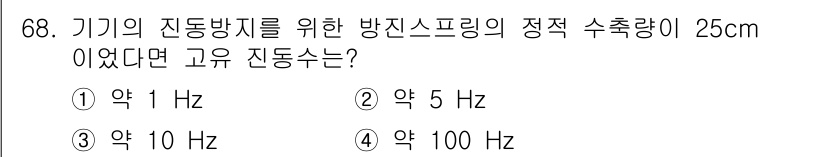 소음진동기사 2016년 68번 - 기기의 진동수는 고유 진동수와 관련이 있으며, 스프링의 정적 수축량이 클... 에 관한 핵심 기출문제