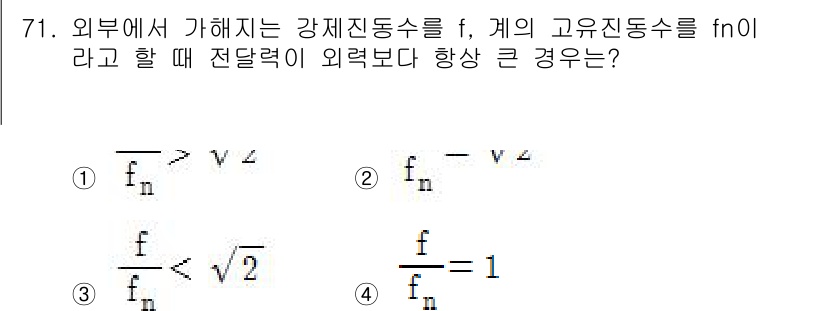 소음진동기사 2016년 71번 - 외부에서 가해지는 강제진동수 \( f \)와 시스템의 고유진동수 \( f... 에 관한 핵심 기출문제