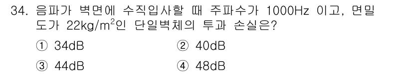 소음진동기사 2017년 34번 - 주파수가 1000Hz일 때, 면밀도가 22kg/m²인 단일벽체의 소음 감... 에 관한 핵심 기출문제