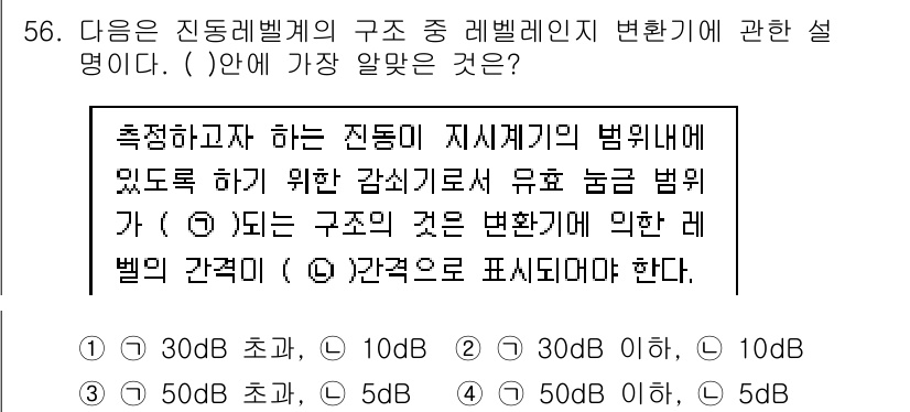 소음진동기사 2017년 57번 - 진동 레벨의 측정법은 특정 주파수 대역 내에서의 소음 또는 진동의 세기를... 에 관한 핵심 기출문제
