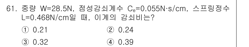 소음진동기사 2017년 62번 - 주어진 값을 이용해 감쇠비를 계산합니다. 감쇠비는 \( C_e = 0.0... 에 관한 핵심 기출문제
