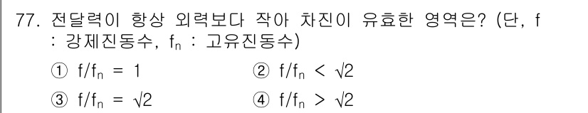 소음진동기사 2017년 78번 - 전달력이 향상되면 외력보다 작은 차진이 유효하므로, 고유진동수에 비해 강... 에 관한 핵심 기출문제