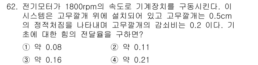 소음진동기사(구) 2018년 62번 - 주어진 회전속도와 고무깎개에서의 변위를 고려할 때, 진동 주파수를 통해 ... 에 관한 핵심 기출문제