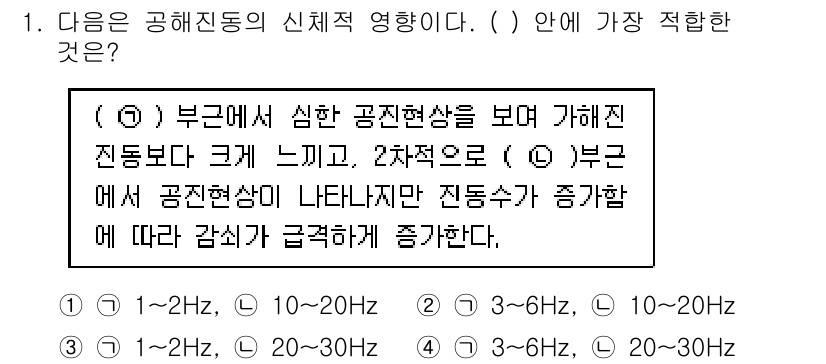 소음진동기사 2018년 1번 - 정답은 3입니다. 

부근에서의 심한 공진현상은 선명한 진동을 유도하며,... 에 관한 핵심 기출문제