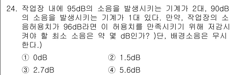 소음진동기사 2018년 24번 - 작업장에서 발생하는 소음이 96dB일 때, 이를 90dB로 줄이기 위해서... 에 관한 핵심 기출문제