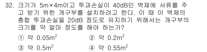 소음진동기사 2018년 32번 - 문제에서 요구하는 투과손실이 20dB인 경우, 반사 및 전달 손실을 고려... 에 관한 핵심 기출문제