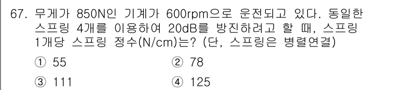 소음진동기사 2018년 67번 - 주어진 문제에서 스프링의 진동 정수는 소음 수준을 결정하는 데 중요한 역... 에 관한 핵심 기출문제