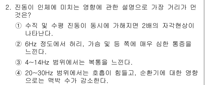 소음진동기사 2019년 2번 - 진동이 인체에 미치는 영향은 다양한 주파수 대역에서 다르게 나타난다. 6... 에 관한 핵심 기출문제