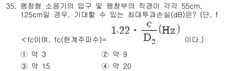 소음진동기사 2019년 36번 - 주어진 문제에서 최대 투과 손실(dB)을 구하기 위해서는 주파수(f)와 ... 에 관한 핵심 기출문제