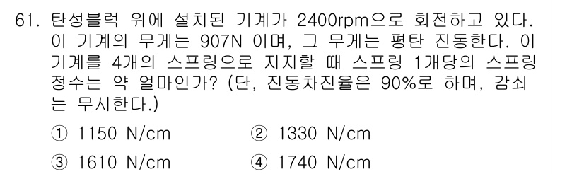 소음진동기사 2019년 62번 - 스프링 상수는 시스템의 진동 특성을 결정하는 중요한 요소입니다. 주어진 ... 에 관한 핵심 기출문제
